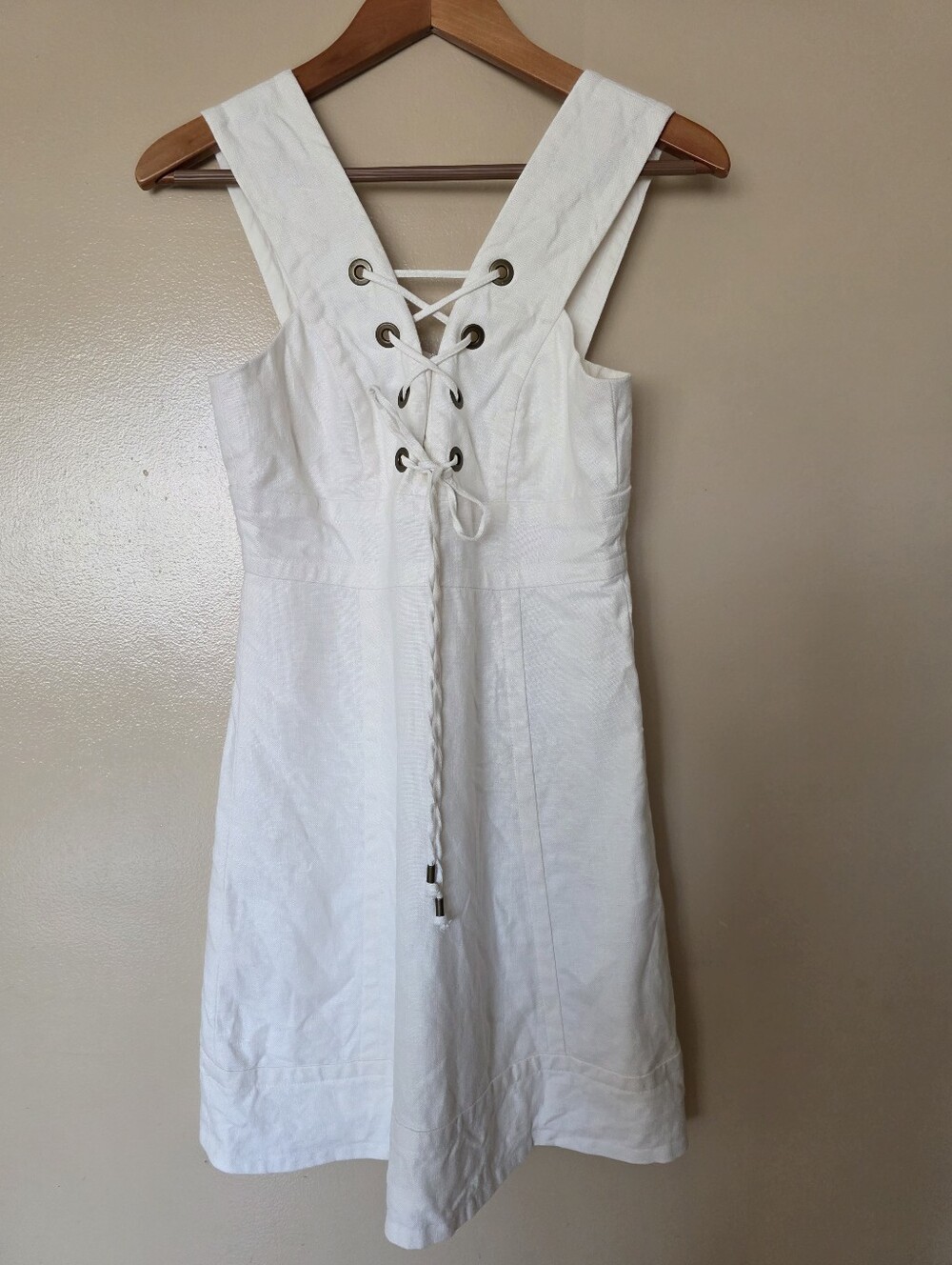 J Crew 100% Linen Coastal Chic Cream Lace Up Dress 2 Quiet Luxury Euro Summer